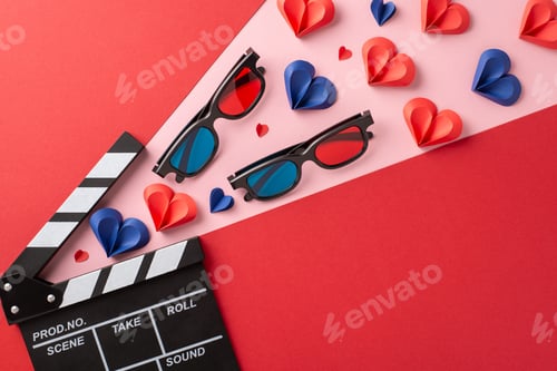 Preview: Valentine's Day concept featuring movie clapperboard, 3D glasses, and red and blue paper hearts