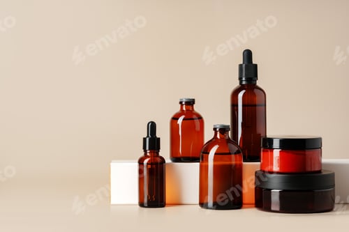 Preview: Set of brown glass bottles with essential oils on stand on beige background