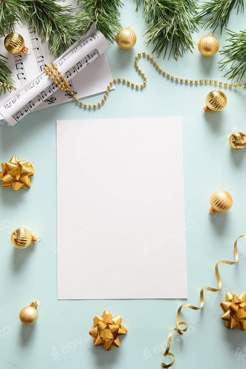 Preview: Empty blank for Christmas Carols and sings decorated golden balls on blue background.