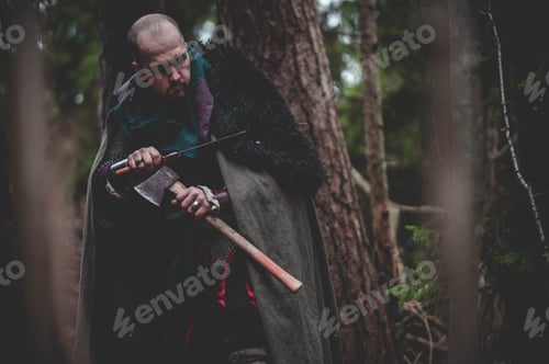 Preview: Man dressed in authentic medieval armor standing in the middle of forest