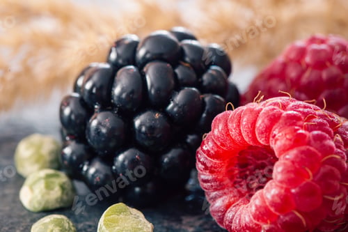 Preview: Natural background, blackberry and raspberry, selective focus.