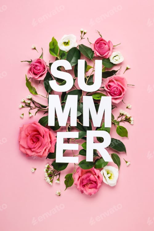 Preview: Paper word Summer, green leaves and buds of rose flowers on pastel pink background.
