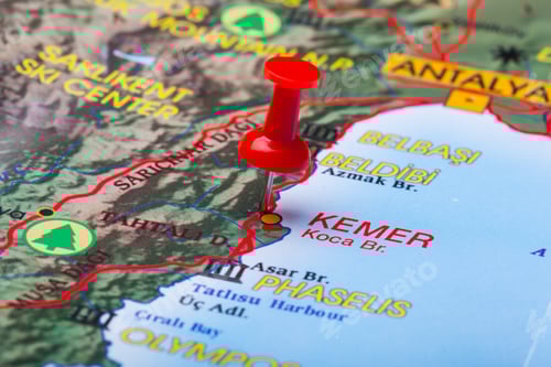 Preview: Travel destination points on a map indicated with colorful thumbtacks