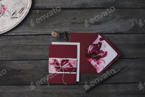 Preview: composition of holiday invitations with watercolor illustrations on rustic wooden table