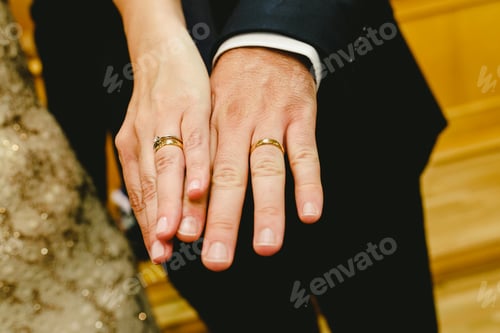 Preview: Newlywed rings shown in the hands of the bride and groom.