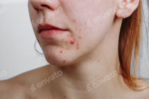 Preview: Young women with problematic skin and pimples on her face. Feamle showing her acne.