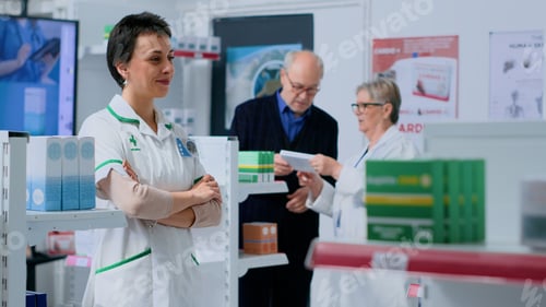 Preview: Pharmacist placing items on shelves