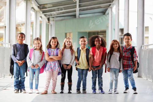 Preview: Elementary school kids stand in corridor looking at camera