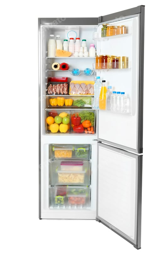 Preview: Open refrigerator with many different products on white background
