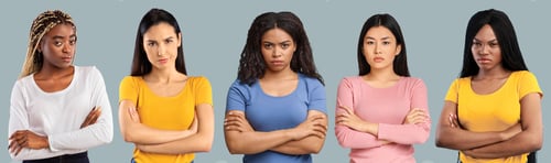 Preview: Offended upset angry millennial asian, black and european women with crossed hands on chest