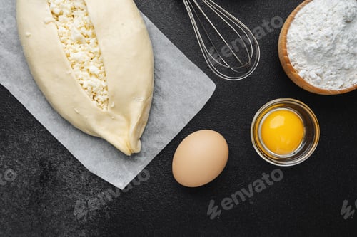 Preview: Raw khachapuri with cottage cheese and ingredients on black background
