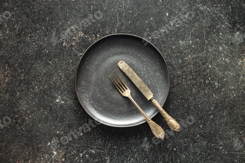 Preview: Empty vintage plate with silver knife and fork on black table.