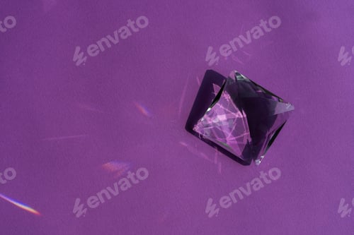 Preview: Crystal prism refracting light, magic crystals and pyramid, sphere and cube on purple background
