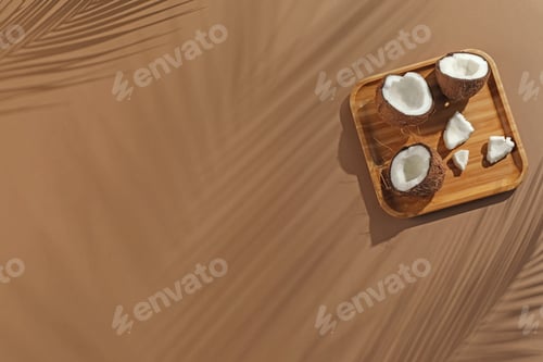 Preview: Fresh coconuts and shadow cast by tropical palm on beige background, top view. Space for text