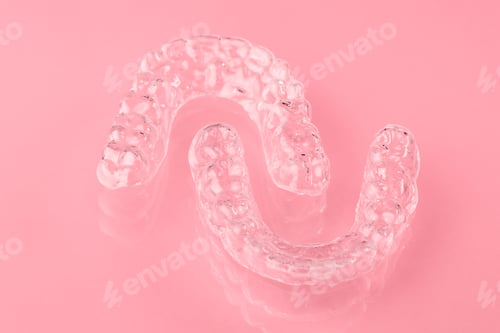 Preview: Invisible aligner or retainer for the upper and lower teeth on the pink background. Orthodontic