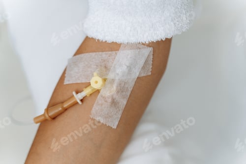 Preview: Cropped view f the female patient sitting in armchair while receiving IV infusion with vitamins.