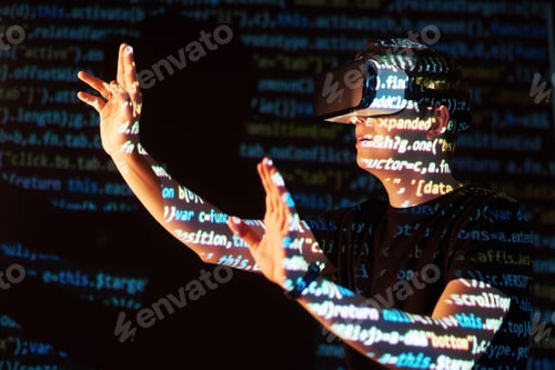 Preview: Double exposure of a caucasian man and Virtual reality headset is presumably a gamer or a hacker