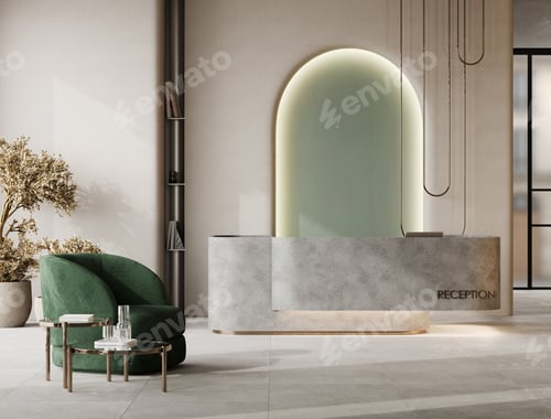 Preview: Modern stylish reception desk with green armchair, 3D rendering