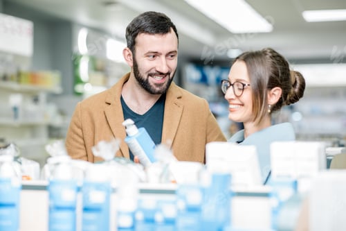Preview: Couple choosing cosmetics in the pharmacy