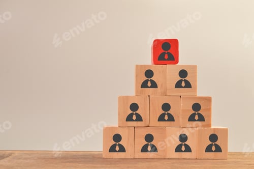 Preview: Select team leader, staff, teamwork and management concept. Wooden blocks with people icons