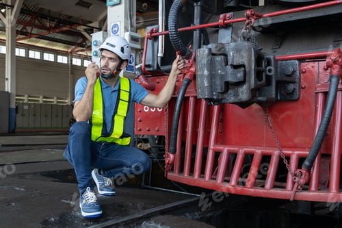 Preview: Portrait of Engineer train Inspect the train's diesel engine, railway track in depot of train