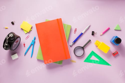 Preview: office supplies at abstract paper background