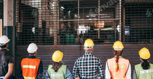 Preview: Back view group of industrial standing at a closeing factory