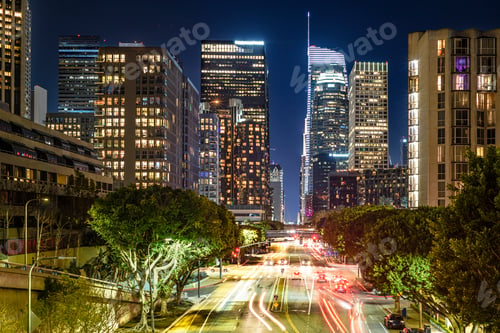 Preview: Downtown Los Angeles at night with car traffic light trails