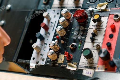 Preview: Sound engineer using digital audio mixer sliders Engineer pressing keys add control panel volume