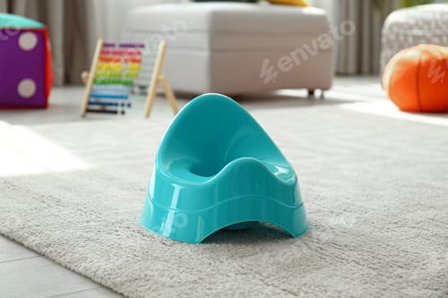 Preview: Modern blue potty on floor in nursery room. Toilet training