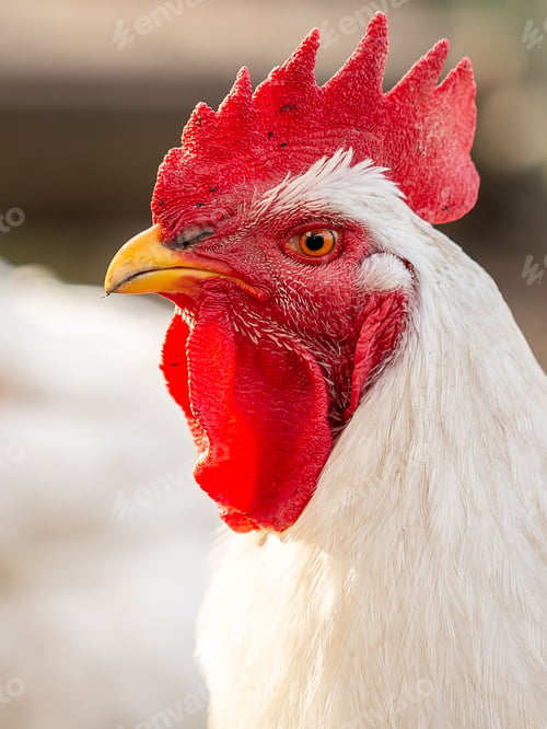 Preview: Closeup shot of a Broiler chicken breed in the blurred background