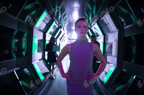 Preview: Female executive standing in futuristic office