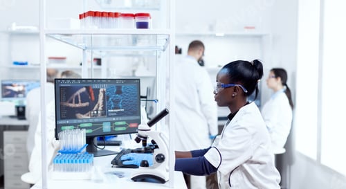 Preview: Concentrated chemist african researcher using computer