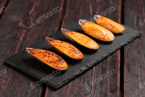 Preview: Baked mussels with cheese sesame seeds in shells - asian food