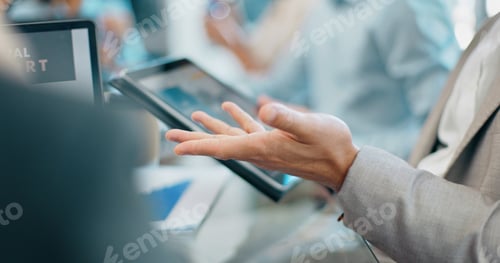 Preview: Businessman, hands and tablet in digital marketing for corporate planning, strategy or web design a