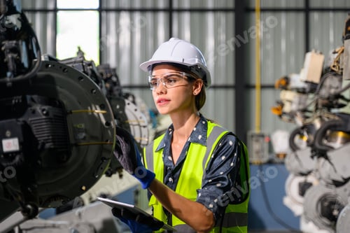 Preview: Female business owner engineer managing and checking work at factory