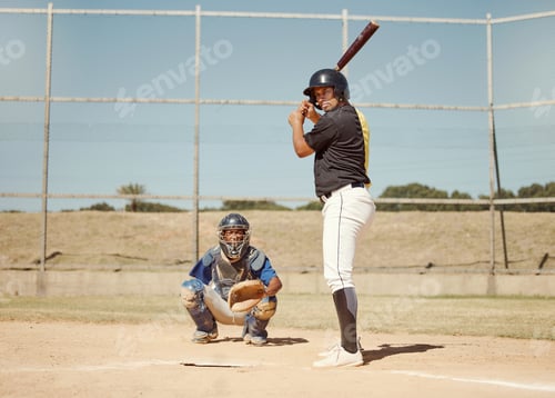 Preview: Baseball, pitcher and man with a bat on pitch playing a match or sport training as a team. Fitness,