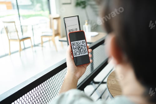 Preview: Qr code payment. E wallet. Man scanning tag accepted generate digital pay without money.scanning QR
