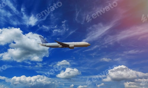 Preview: The airplane in the fluffy clouds sky sunny day