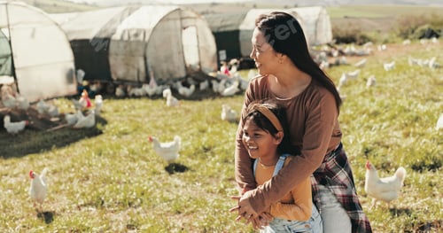 Preview: Family, mother and girl on chicken farm for holiday, adventure and vacation in countryside. Agricul