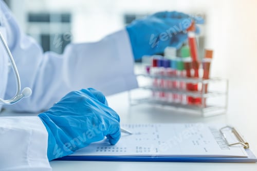 Preview: The doctor hand records the blood test examination results and medication usage of the patient
