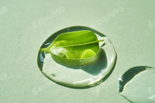 Preview: Drop of face serum with green leaf on green background.
