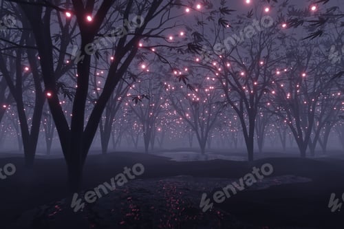 Preview: abstract Glowing particle Sparkles on alien planet landscape forest 3d rendering