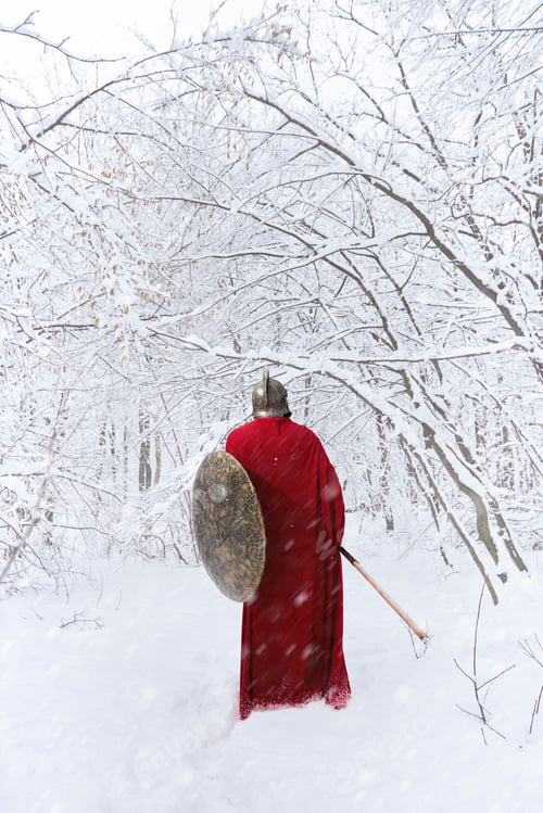 Preview: Spartan warrior walks through winter forest in long red cape