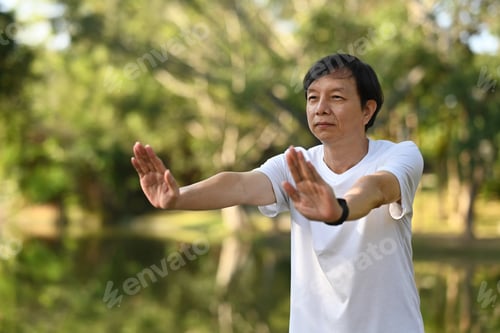 Preview: Concentrated Asian senior man doing Qigong exercises in the park. Healthy lifestyle concept