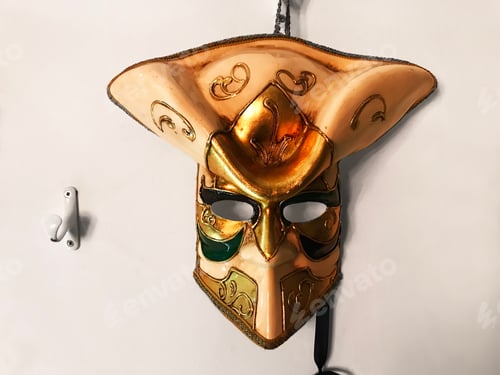 Preview: Festive Colorfful Golden Mardi Gras or Carnival Mask on Monochrome Background, Venetian Masks
