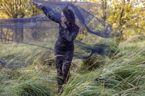 Preview: A woman dressed as a witch stands in an autumn forest. A Gothic queen on Halloween.