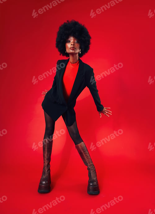 Preview: Black woman, afro and hair with fashion and shine, edgy with designer clothes and gen z isolated on