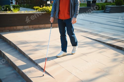 Preview: Close-up Of A Blind Man Standing With White Stick On Street