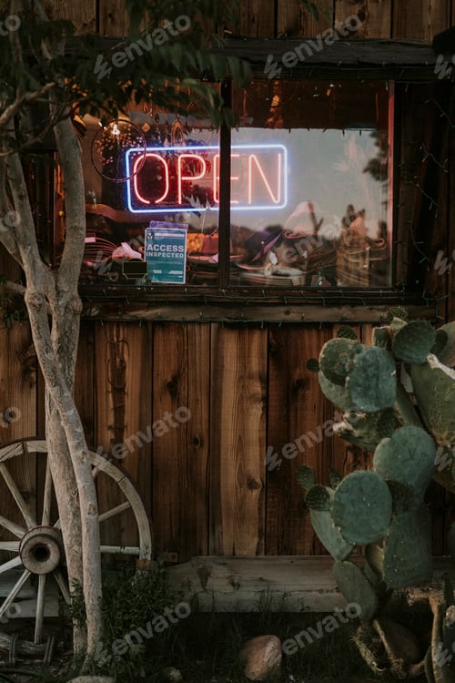 Preview: Neon open sign in the window of a restaurant